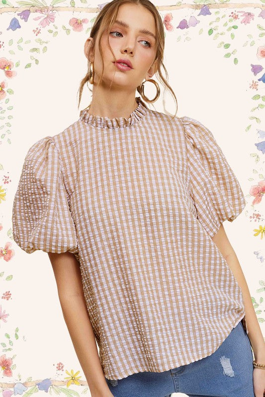 Gingham Check Print Puff Sleeve Mock Neck Top La Miel   