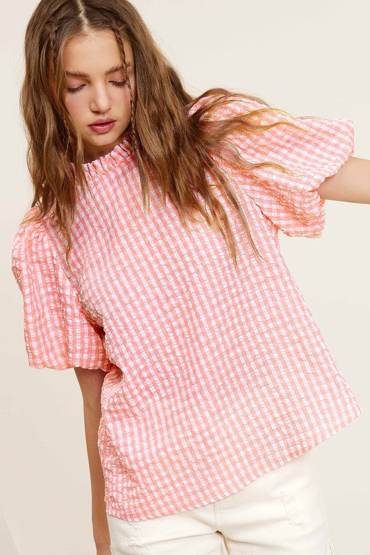 Gingham Check Print Puff Sleeve Mock Neck Top La Miel   