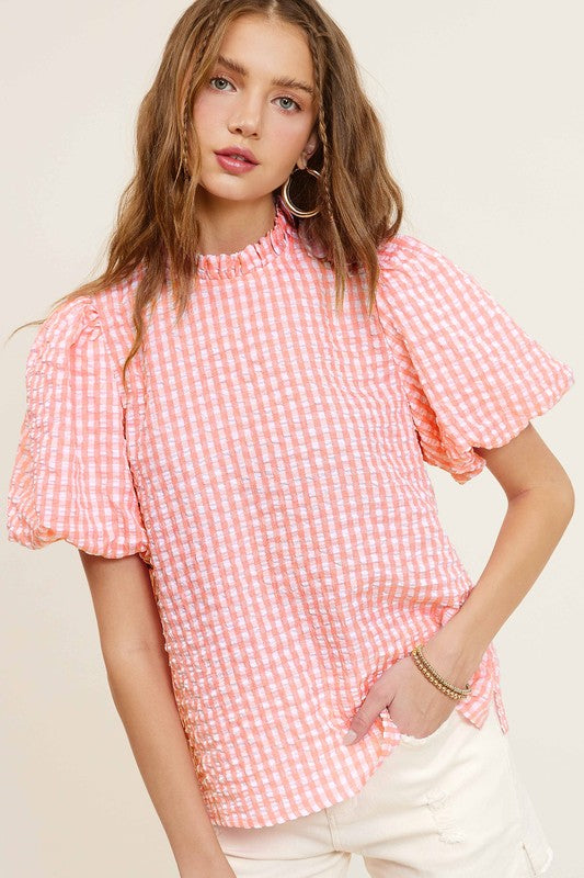 Gingham Check Print Puff Sleeve Mock Neck Top La Miel   