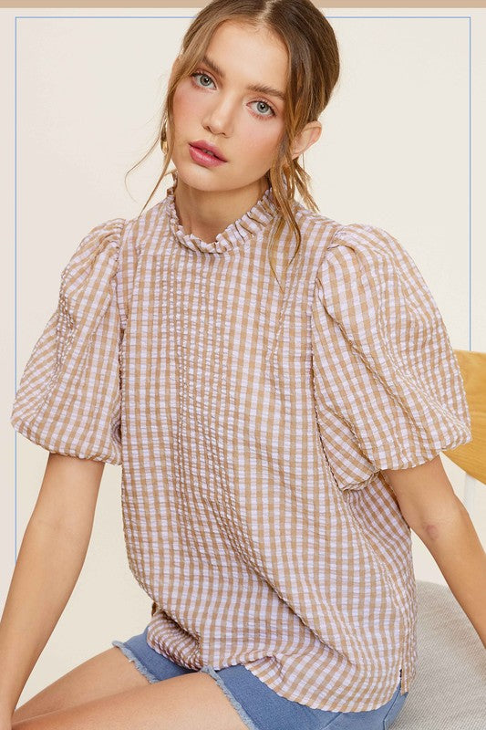 Gingham Check Print Puff Sleeve Mock Neck Top La Miel LATTE S 