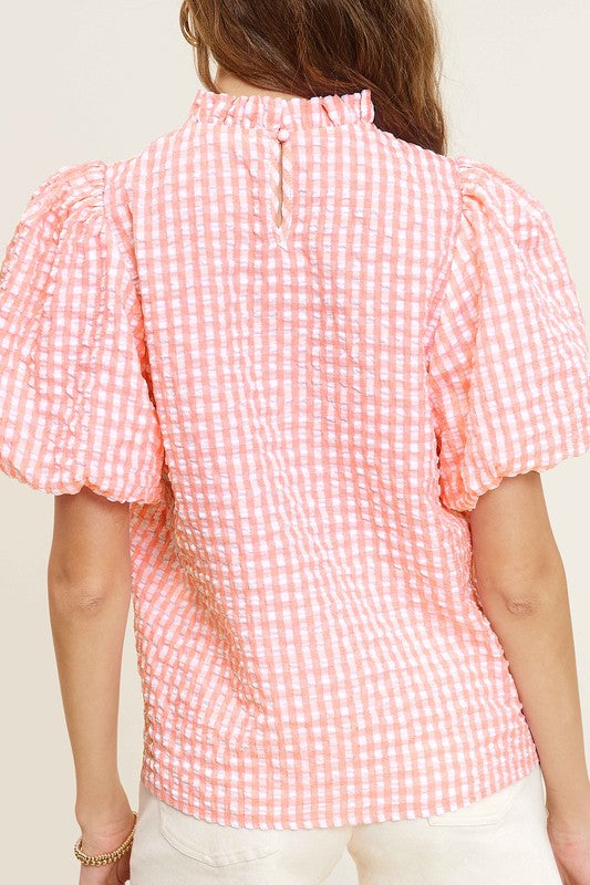 Gingham Check Print Puff Sleeve Mock Neck Top La Miel   