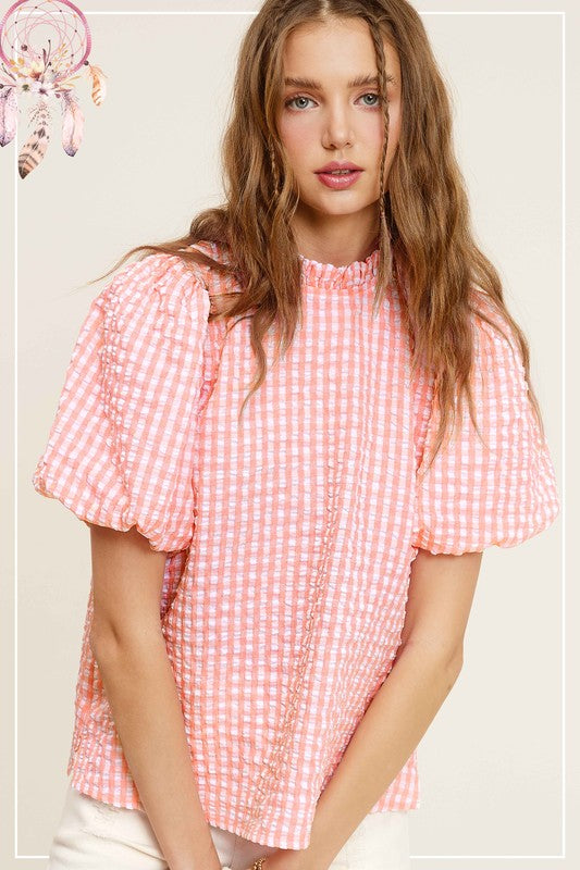 Gingham Check Print Puff Sleeve Mock Neck Top La Miel PEACH S 