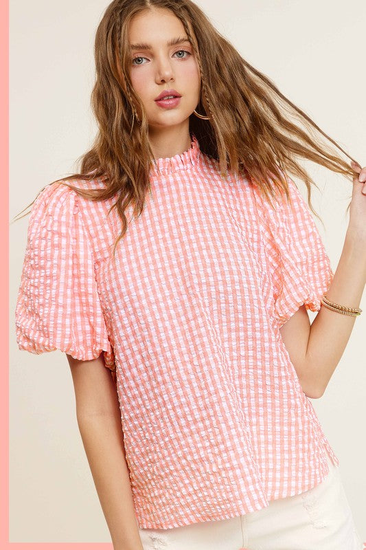 Gingham Check Print Puff Sleeve Mock Neck Top La Miel   