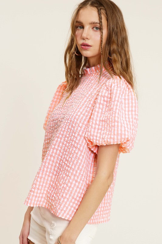 Gingham Check Print Puff Sleeve Mock Neck Top La Miel   