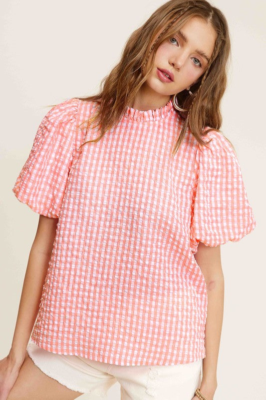 Gingham Check Print Puff Sleeve Mock Neck Top La Miel   