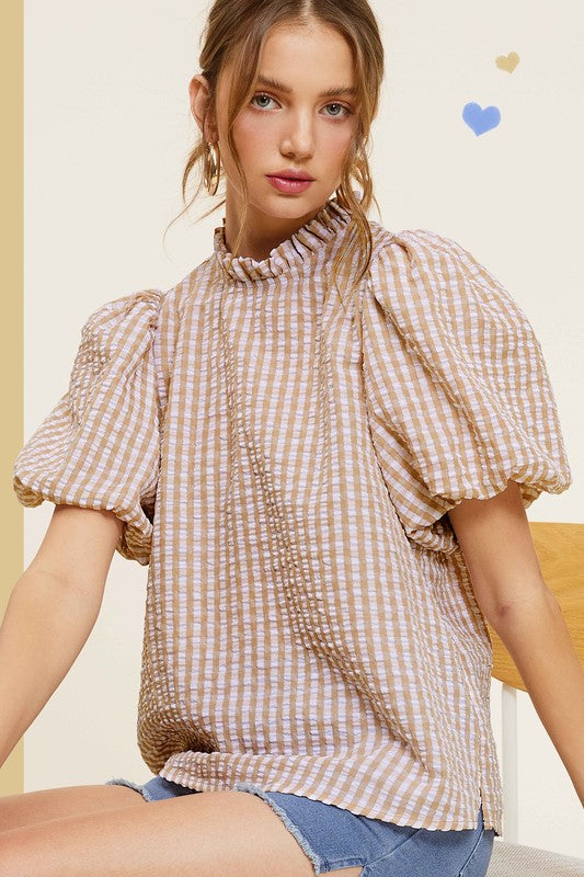 Gingham Check Print Puff Sleeve Mock Neck Top La Miel   