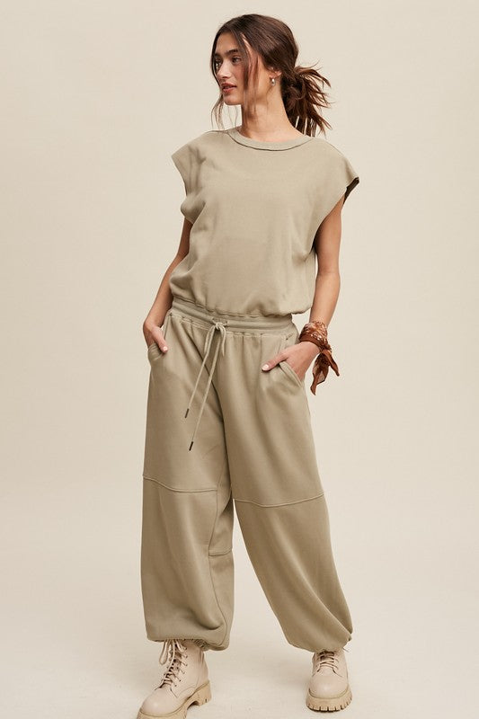 Athleisure French Terry Loose Jogger Jumpsuit Listicle   