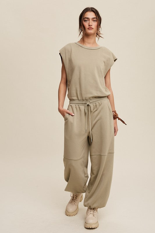 Athleisure French Terry Loose Jogger Jumpsuit Listicle   