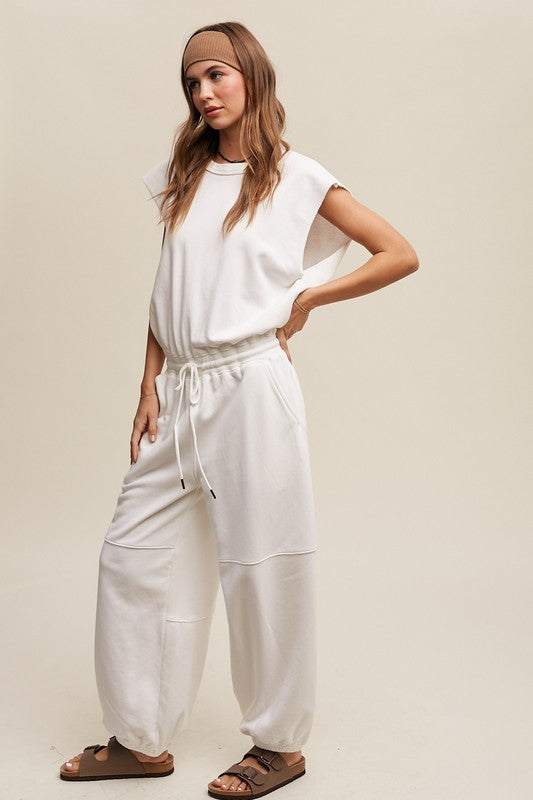 Athleisure French Terry Loose Jogger Jumpsuit Listicle   