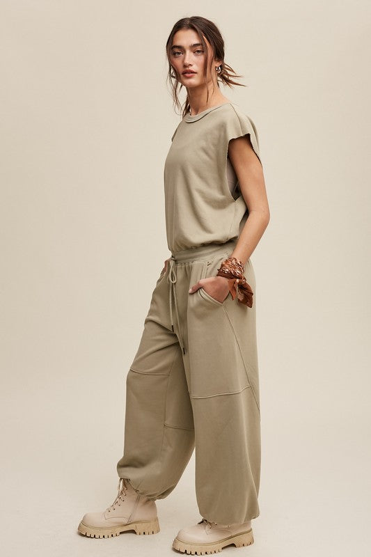 Athleisure French Terry Loose Jogger Jumpsuit Listicle   