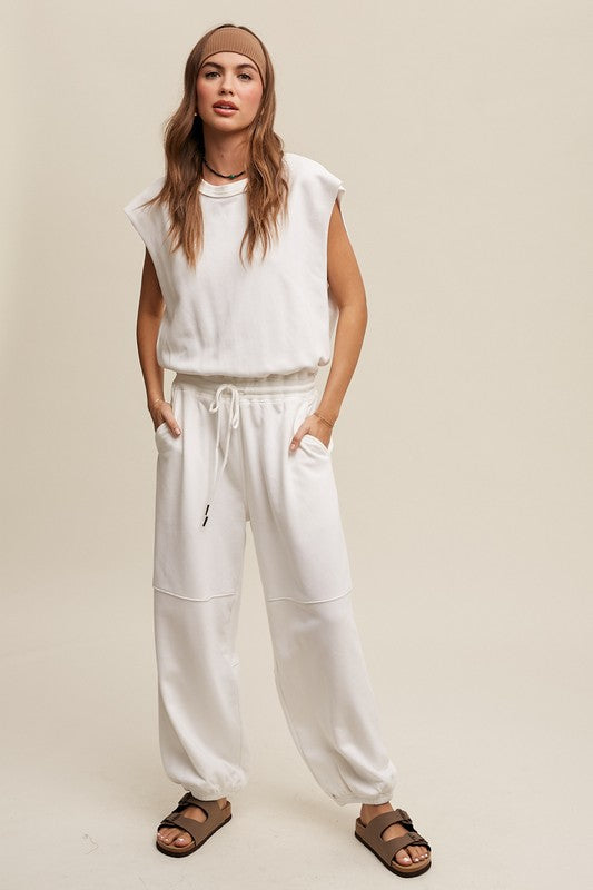 Athleisure French Terry Loose Jogger Jumpsuit Listicle   