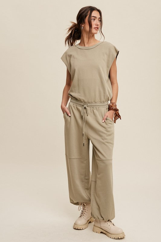 Athleisure French Terry Loose Jogger Jumpsuit Listicle   