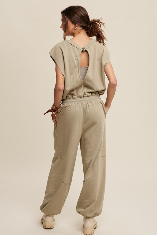 Athleisure French Terry Loose Jogger Jumpsuit Listicle   