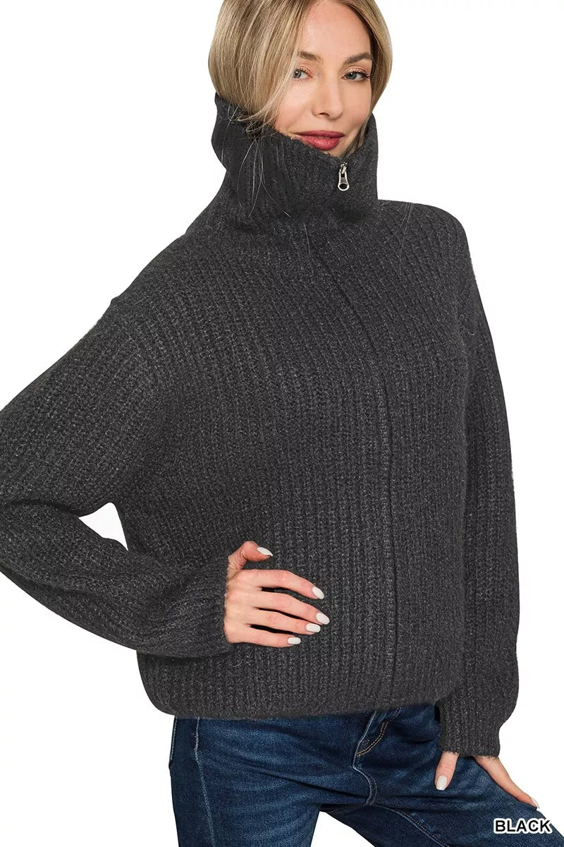 High Neck Full Zip Sweater Cardigan ZENANA