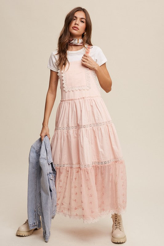 Laced and Tiered Romantic Overall Maxi Dress Listicle Peach Amber S 