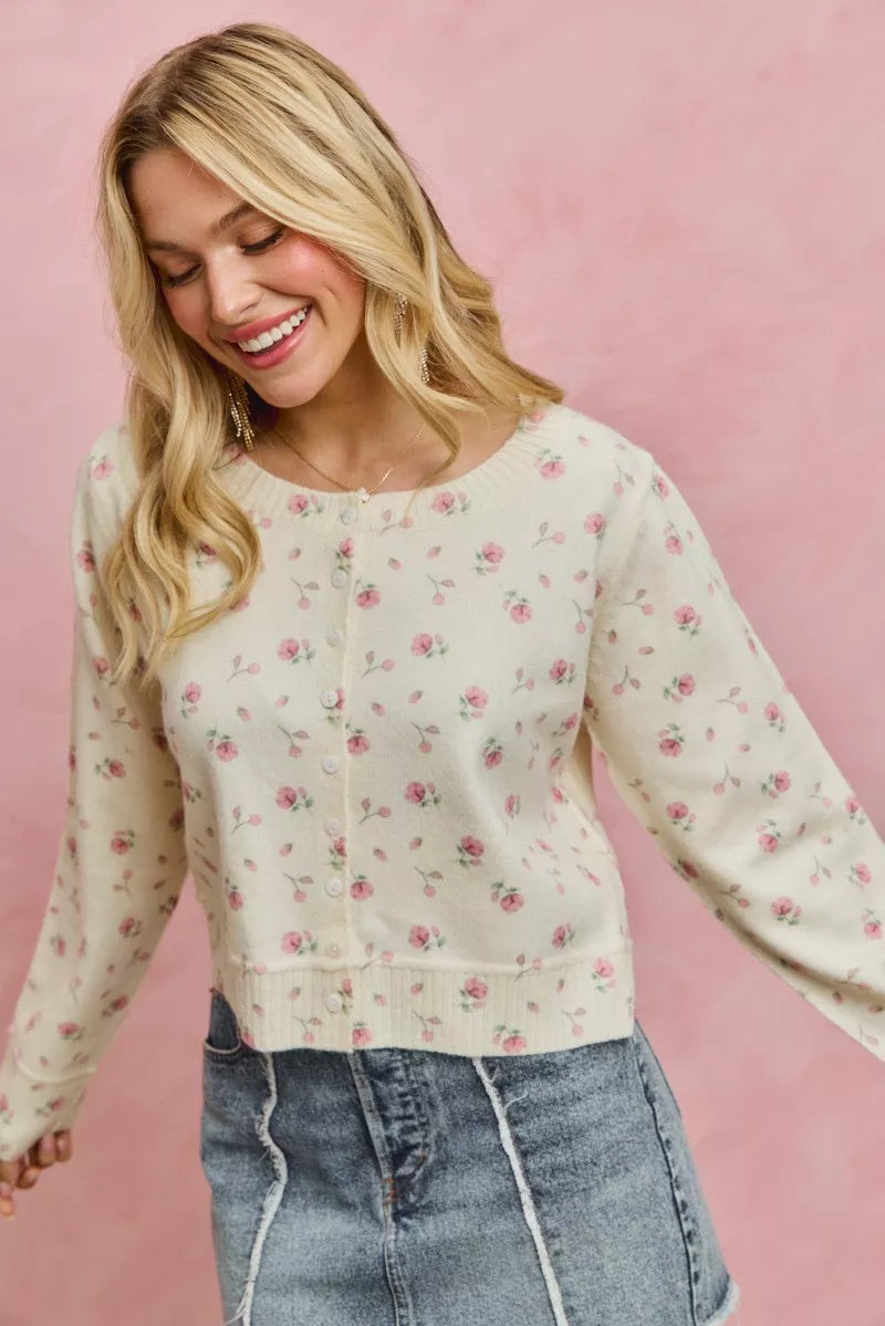 Floral Print Button Down Sweater Cardigan So Me