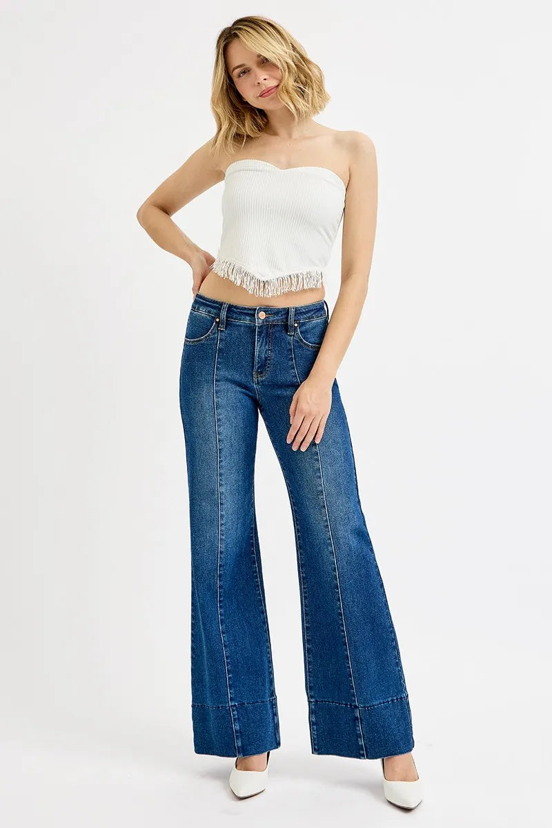 Tummy Control Mid Rise Ankle Wide Flare Jeans With Plus Size Risen