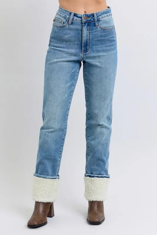 High Waist Shearling Cuff Straight Plus Size Judy Blue