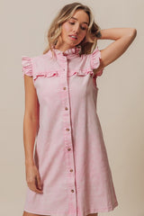 Washed Button Down Ruffled Cap Sleeve Denim Dress BiBi