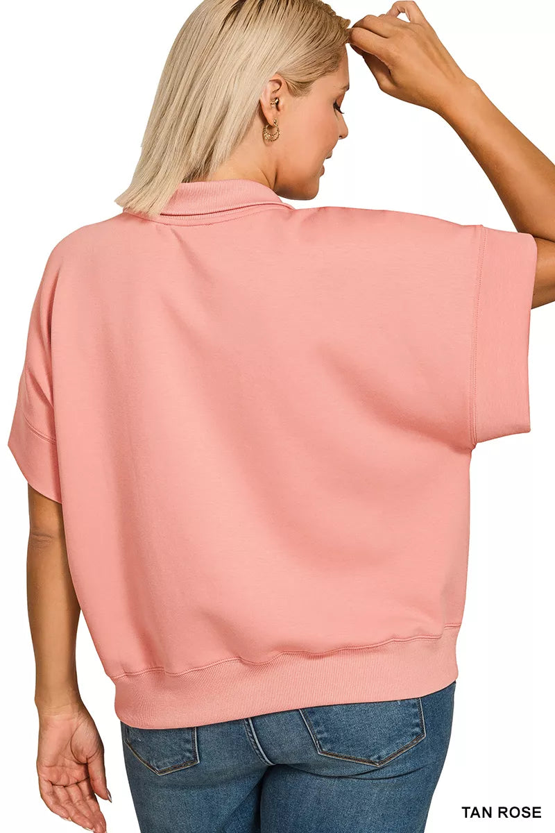 Scuba High Neck Half Zip Short Sleeve Top With Plus Size ZENANA