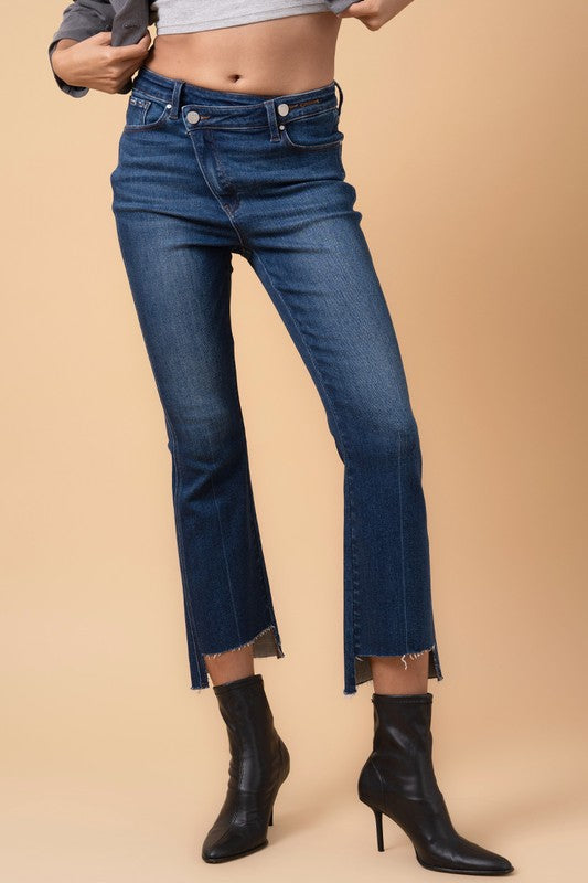 High-Waisted Ankle-Cut Crossover Step Hem Crop Boot Jeans Insane Gene   