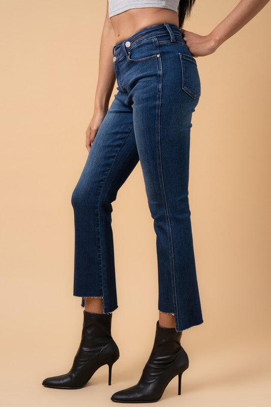 High-Waisted Ankle-Cut Crossover Step Hem Crop Boot Jeans Insane Gene   