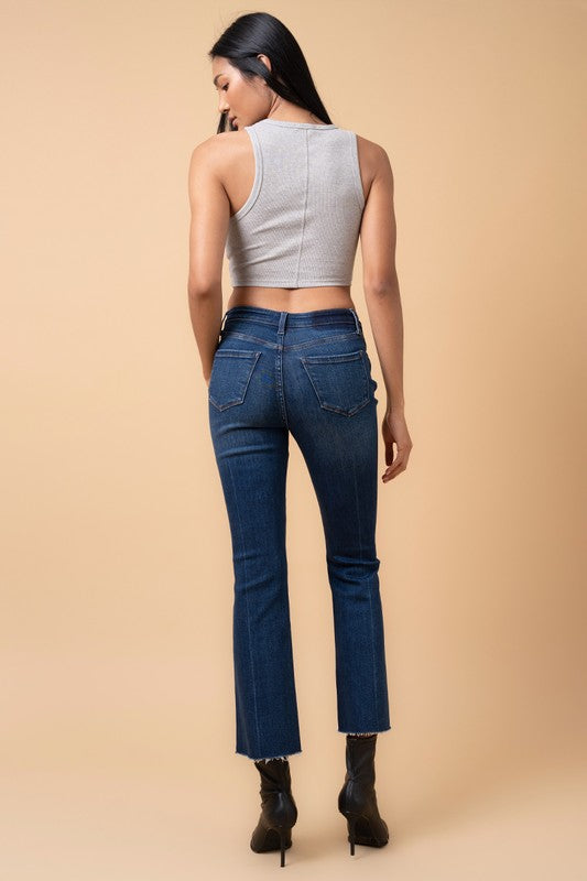 High-Waisted Ankle-Cut Crossover Step Hem Crop Boot Jeans Insane Gene   