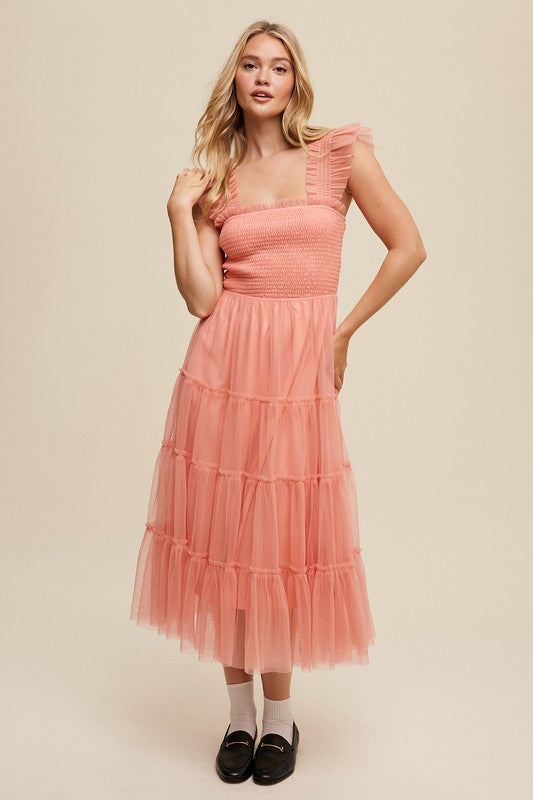 Smocked Ruffle Tiered Mesh Midi Maxi Dress Listicle   