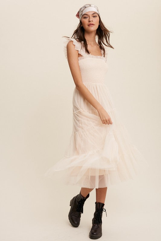 Smocked Ruffle Tiered Mesh Midi Maxi Dress Listicle   