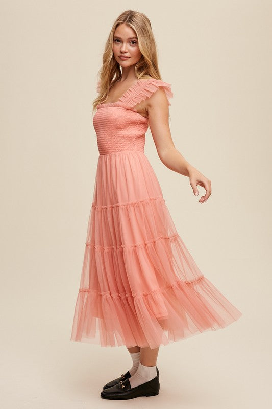 Smocked Ruffle Tiered Mesh Midi Maxi Dress Listicle   