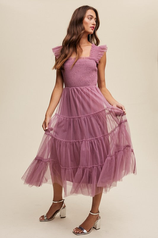 Smocked Ruffle Tiered Mesh Midi Maxi Dress Listicle   