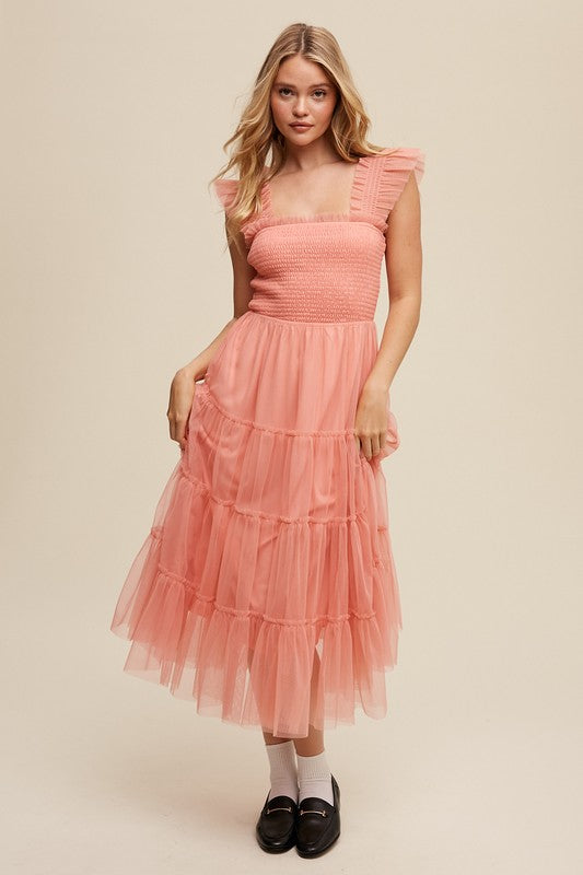 Smocked Ruffle Tiered Mesh Midi Maxi Dress Listicle Coral S 