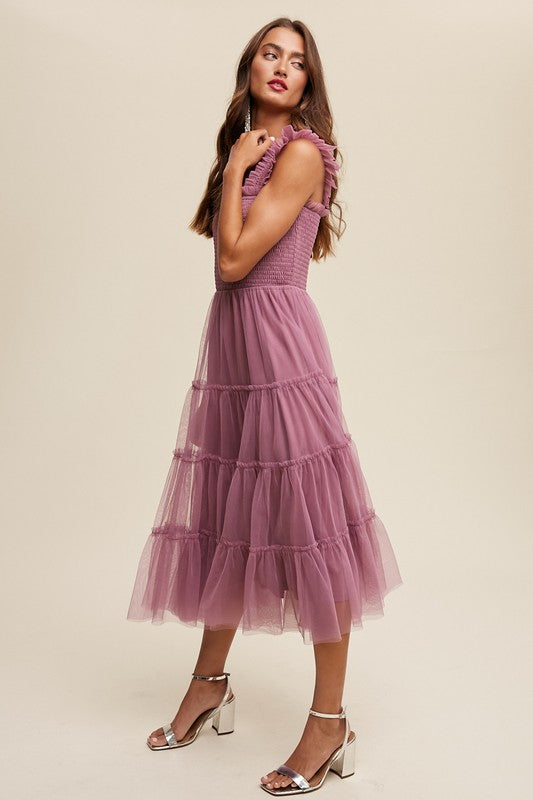 Smocked Ruffle Tiered Mesh Midi Maxi Dress Listicle   