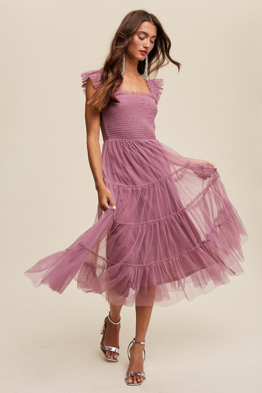 Smocked Ruffle Tiered Mesh Midi Maxi Dress Listicle   