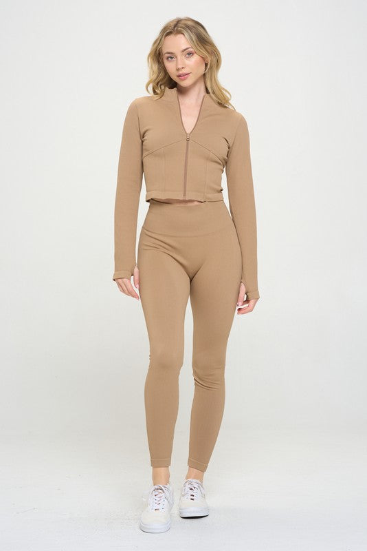 Seamless Ribbed Tracksuit Zip-up Two-Piece Set OTOS Active   