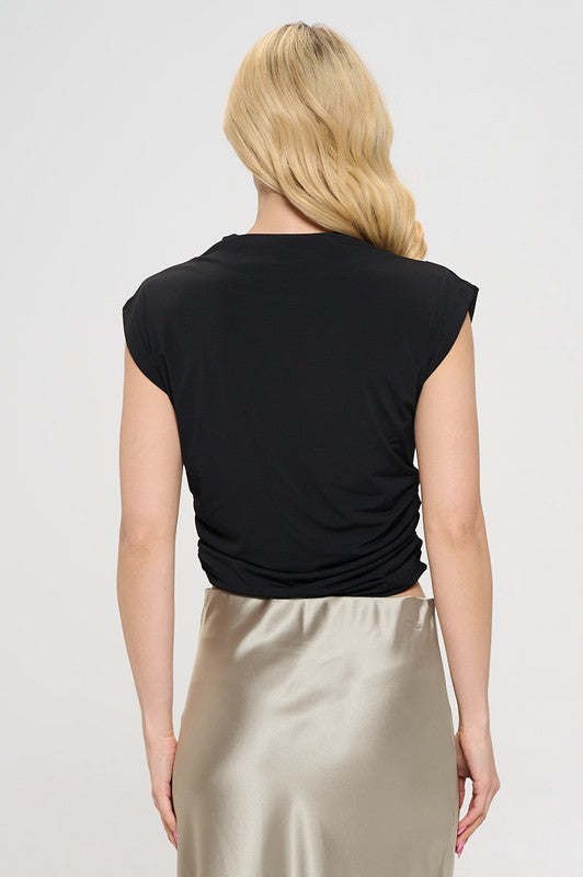 Black Mock Neck Draped Short Sleeve Ruched Crop Top Renee C.   