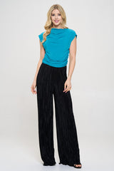 Blue Mock Neck Draped Short Sleeve Ruched Crop Top Renee C.   