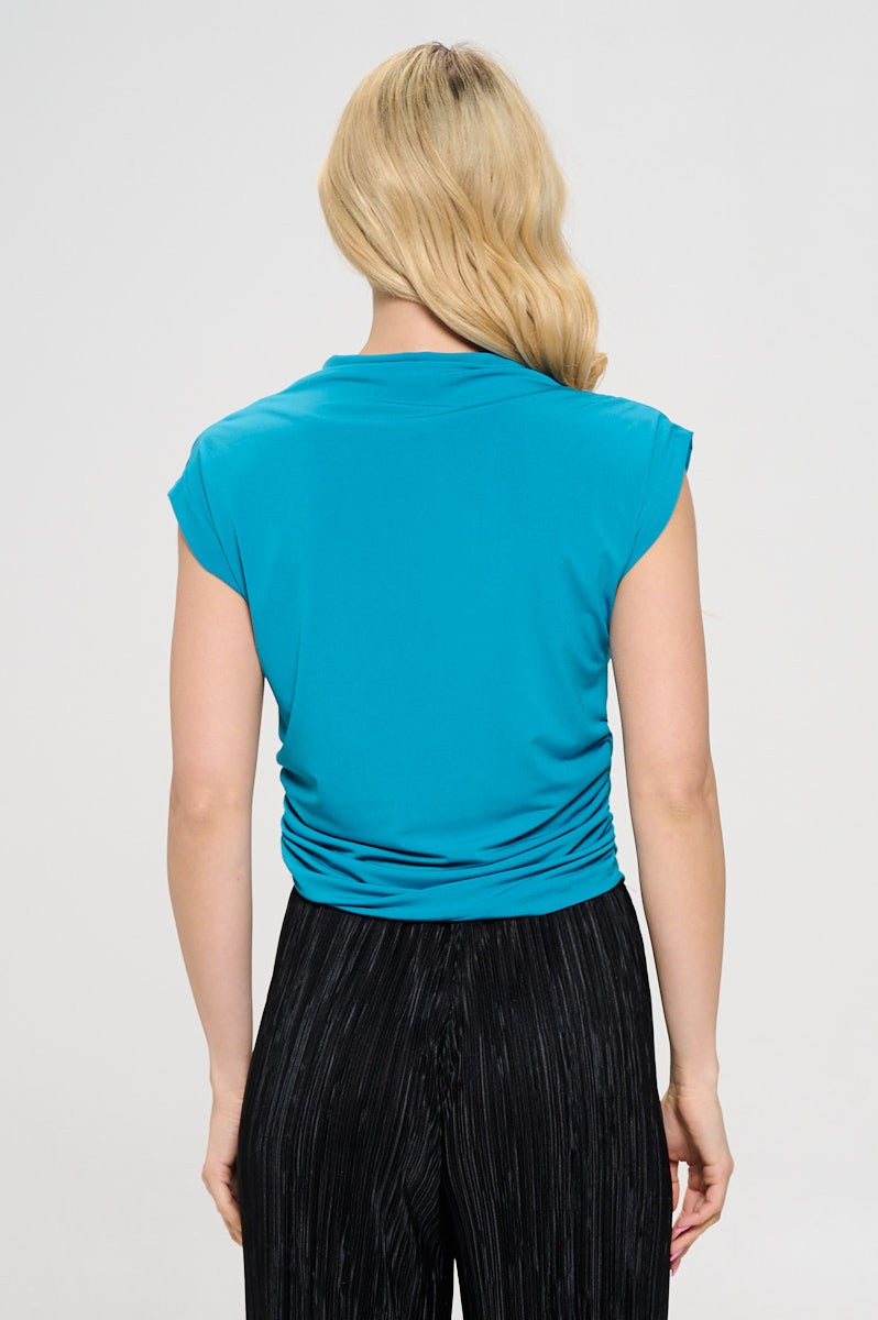 Blue Mock Neck Draped Short Sleeve Ruched Crop Top Renee C.   