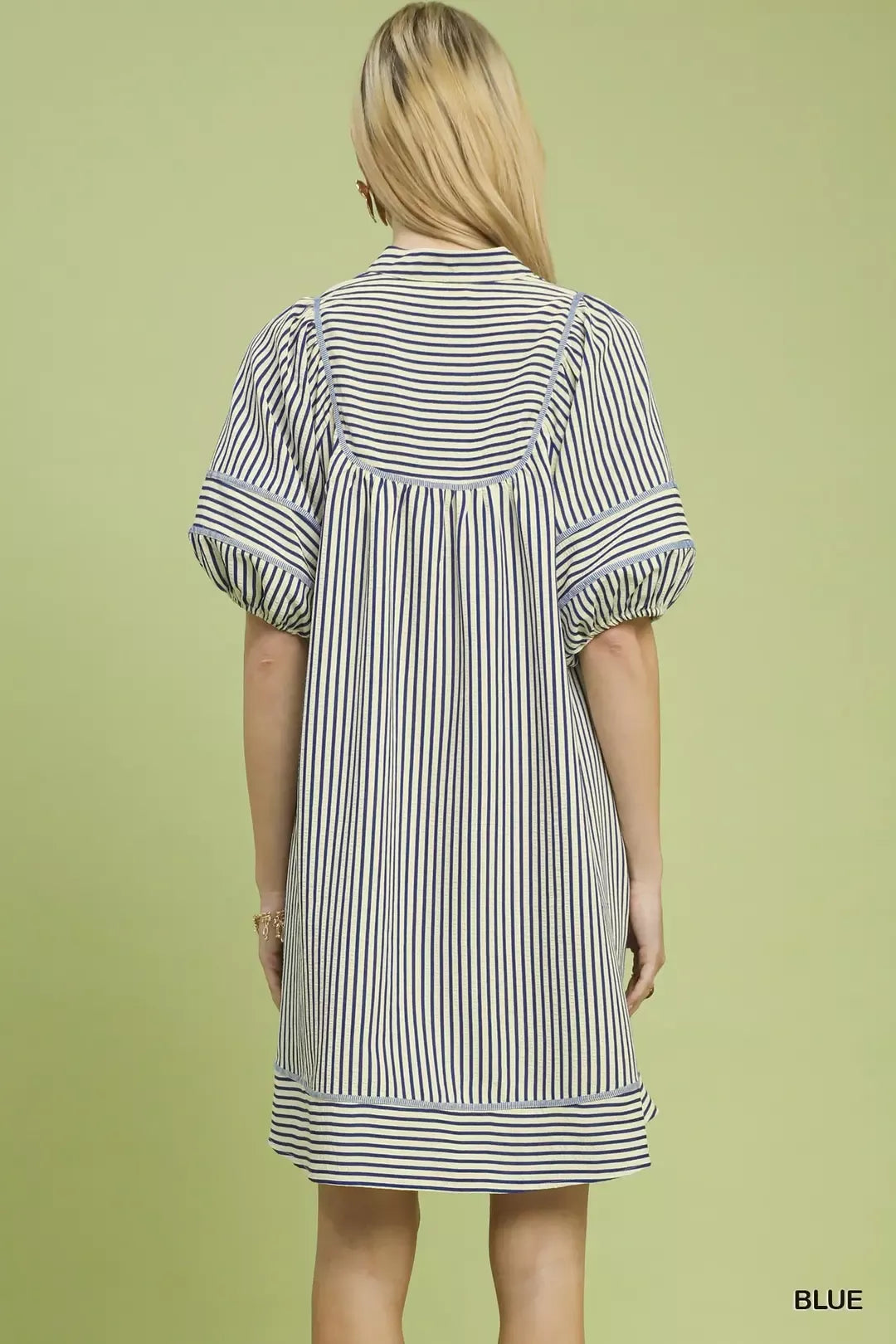 Striped Puff Sleeve Shift Dress Umgee