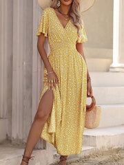 Floral V-Neck Short Sleeve High Slit Midi Dress Miss Sparkling   