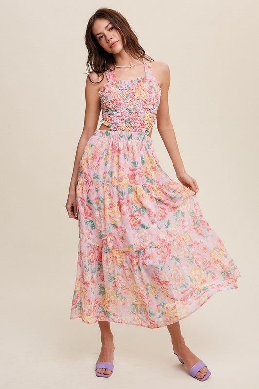 Floral Bubble Textured Two-Piece Style Maxi Dress Listicle Pink S 