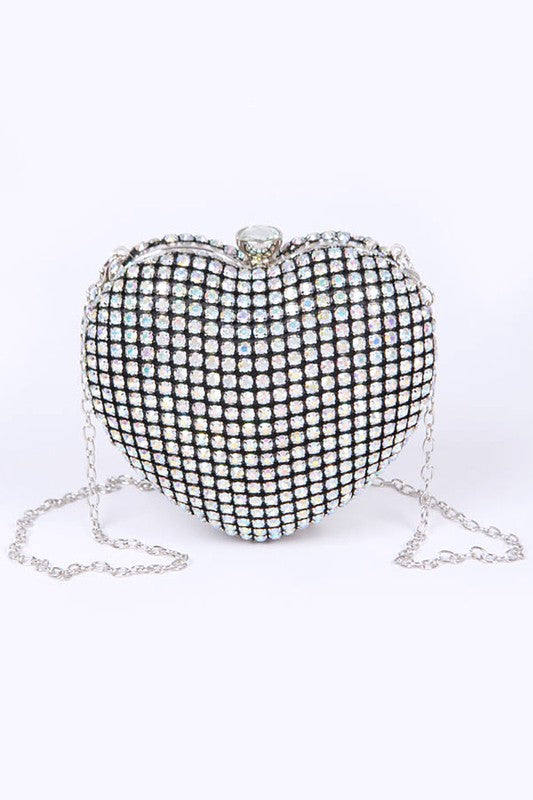 Glamorous Heart Shaped Rhinestone Box Clutch with Chain Strap Artini Accessories AB O/S 