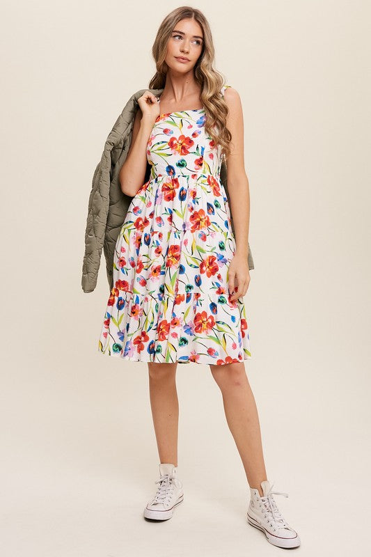 Flower Print Square Neck Midi Dress Listicle   