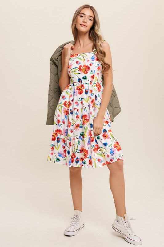 Flower Print Square Neck Midi Dress Listicle   