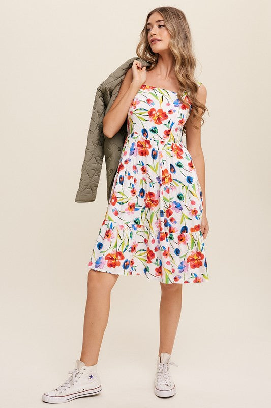 Flower Print Square Neck Midi Dress Listicle   