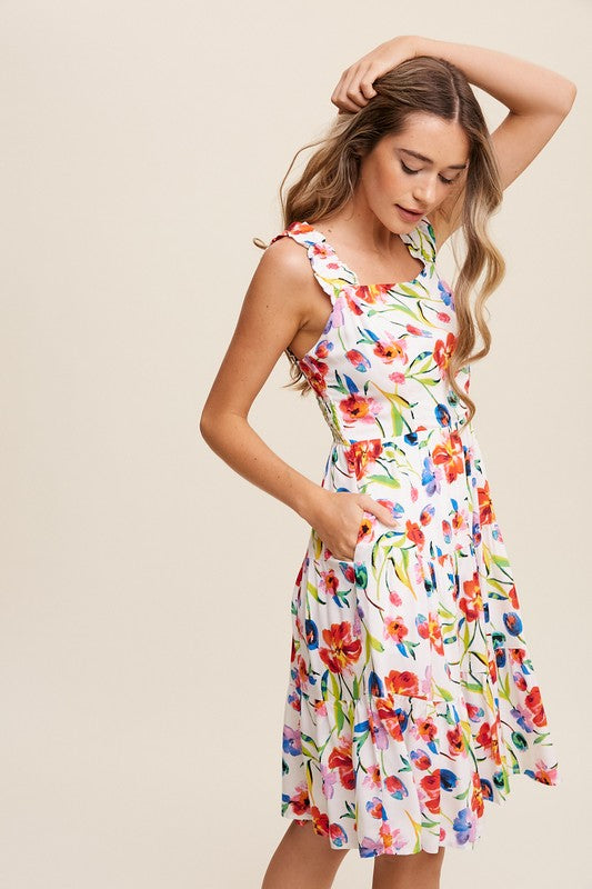 Flower Print Square Neck Midi Dress Listicle   