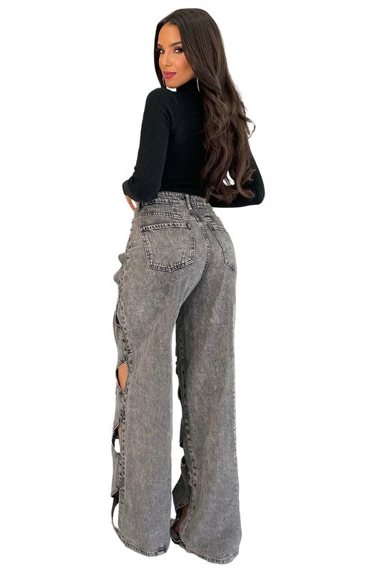 Wavy Cut Out Style Denim Pants By Claude   