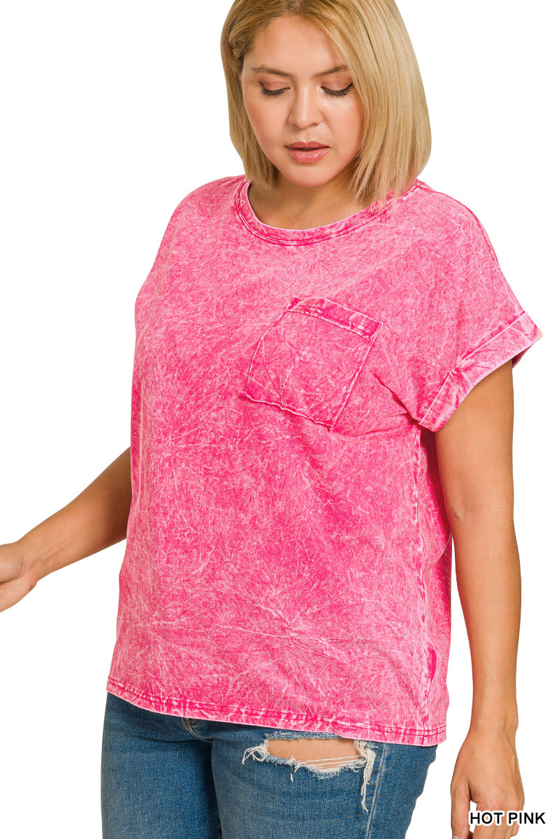 Full Size Crinkle Washed Round Neck Folded Short Sleeve Tee Plus Size ZENANA