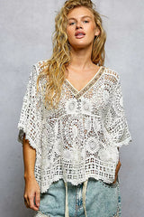 V-Neck Crochet Top with Scalloped Hem POL OFF WHITE One Size