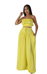 Two-Piece Flowing Wide Leg & Strapless Bralette Top Set By Claude YELLOW L 